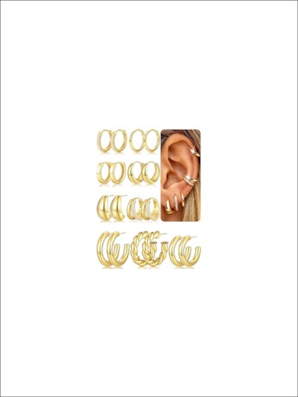 9 Pairs Gold Hoop Earrings 14K Gold Plated Stackable Set